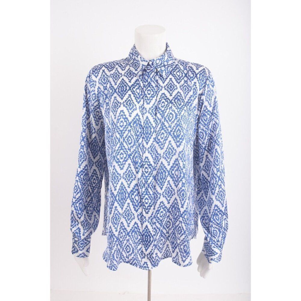 Zara Womens Printed Satin Shirt Blouse Bloggers fave L White Blue 9878/143 NWT
